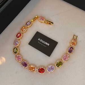 French style gold bracelet with colorful oval zircons and shimmering micro-pave crystals
