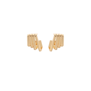 Detailed view of golden geometric tiered bar stud earrings with a high-polished metallic finish