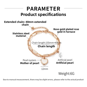Detailed specs of double-layer stainless steel heart and pearl bracelet in rose gold