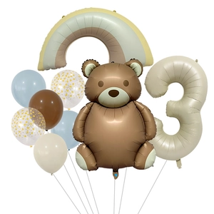 Teddy bear birthday balloon set with brown bear, rainbow, and number 3 balloon