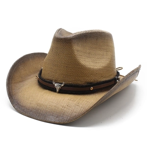 Western Cowboy Straw Hat Paper Wide Brim Bull Head Metal Ornament Vintage Gradient Sun Protection Summer Beach Travel