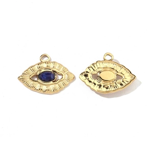 Macro view of gold stainless steel eye pendants with blue stone and empty base details