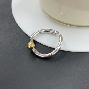 Minimalist 925 Sterling Silver Twisted Open Ring With Gold Bead Two Tone Adjustable Geometric Jewelry For Women