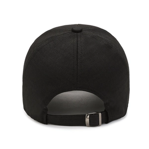 Adjustable black baseball cap with extra long brim and metal buckle closure back view