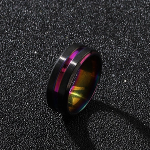 Macro view of 8mm black matte titanium steel ring with purple groove and rainbow inner band
