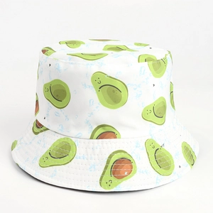 Close-up of cotton bucket hat with cute cartoon avocado pattern and reinforced stitching