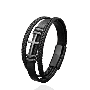 Men's multilayer braided black leather bracelet with metal cross and magnetic clasp