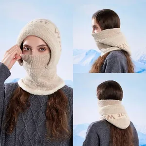 Women Balaclava Knitted Hat Fleece Lined Winter Warm Neck Warmer Mask Windproof Outdoor Ear Protection Letter Print Thick