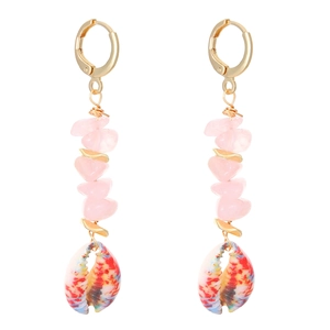 Detail of bohemian drop earrings with pink quartz stones and colorful painted seashells