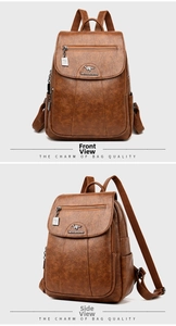 Front and side views of a yellow textured faux leather backpack with metallic logo
