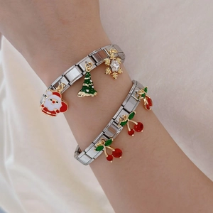 Italian Charm Bracelet Stainless Steel Modular Link With Cherry Christmas Santa Tree Snowflake Charms For Women Sweet Festive Jewelry