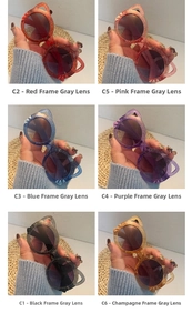 Detailed grid of six kids cat-ear sunglasses in various glittery transparent colors