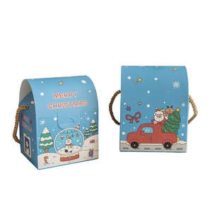 Blue Christmas gift box with snowman and Santa illustrations and woven handles