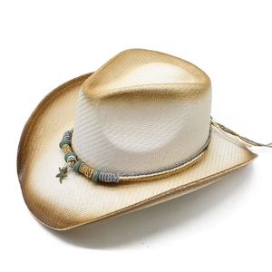Detail of western straw hat featuring woven bead band and metal starfish charm