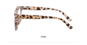Side view of leopard print reading glasses featuring decorative metal rivets on the frame