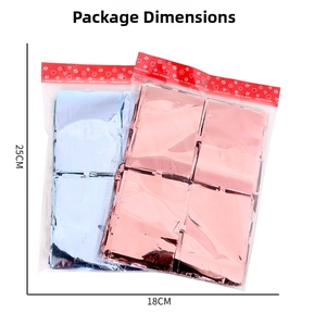Package details showing two 2m square foil fringe curtains in blue and rose gold