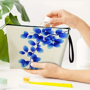 Borsa Per Trucchi Con Motivo Floreale In Lino Fine Pochette Per Cosmetici Con Cerniera E Cinturino Da Polso Da Donna