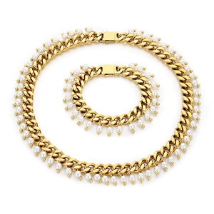 Elegant gold-plated 9mm Cuban link necklace and bracelet set with white pearl accents