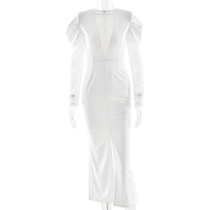 Weißes sexy Midi-Kleid mit Spitzen-Patchwork, V-Ausschnitt und Schlitz für Damen