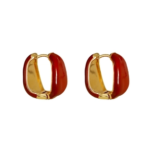 French vintage style bold red glazed waterdrop hoop earrings with polished gold inner plating