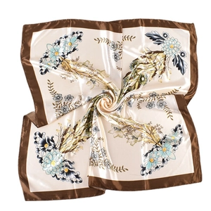 Elegant floral satin square scarf in beige with brown border and vintage print pattern