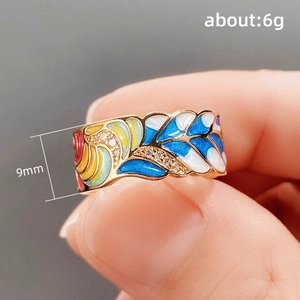Chic 9mm wave-edge gold ring with colorful enamel inlay and sparkling rhinestones
