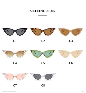 Matrix display of cat-eye sunglasses in eight colors from classic black to ivory