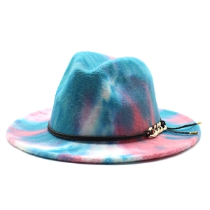 Chic unisex rainbow tie-dye wool felt fedora with black leather band and gold chain tassel