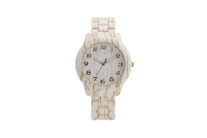 Detail of a beige wood-textured round women's watch with Arabic numerals on a white background