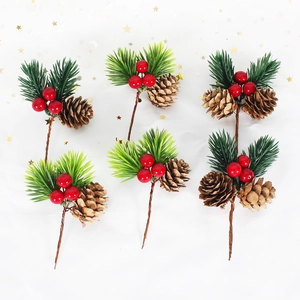 6-piece artificial pine needle set with red berries and pine cones for Christmas decor