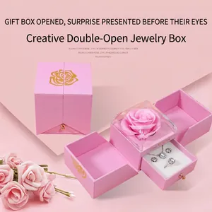 Pink double-door jewelry gift box with preserved rose for necklaces and rings
