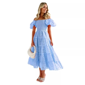 Sky blue off-shoulder dress with puff sleeves and textured checkered pattern