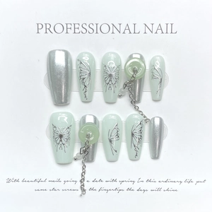 Unghie Finte Long Ballet Press On Nails Specchio Metallico Argento Farfalla Verde Menta Catena Decorativa Stile Cinese