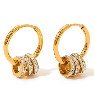 Polished stainless steel gold hoop earrings with sparkling rhinestones on white background