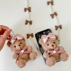Niedliches Teddybär Plüsch Handyzubehör Set mit Perlenkette und rosa Schleife