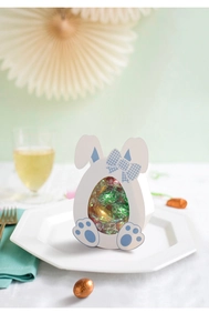Easter rabbit paper candy box with clear window and blue checkered bow on white plate