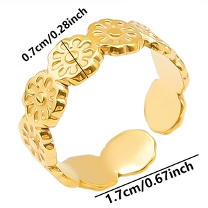 Detailed size view of a golden stainless steel floral ring with open adjustable band