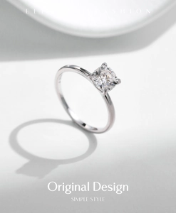 Detail shot of a 1 carat square cut moissanite set in a 925 sterling silver four-prong ring