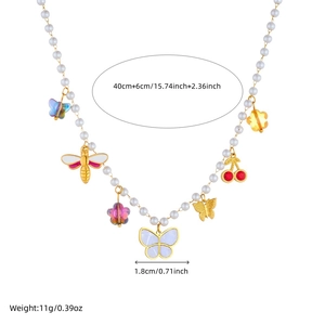 Pearl necklace with insect and cherry charms, 40cm stainless steel chain and 6cm extender