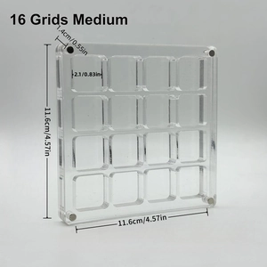 Detail of 16 grids medium clear acrylic storage box with dimensions for seashell collection