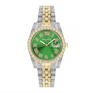 Luxus Damen Quarzuhr mit grünem Zifferblatt und diamantbesetztem Bicolor-Armband