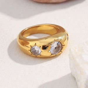 Minimalist wide 18K gold plated stainless steel ring with three round zircon stones