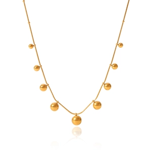 Minimalist gold plated stainless steel necklace featuring polished spherical bead tassels