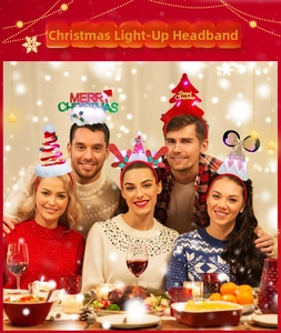 Group of festive LED light-up Christmas headbands with tree and deer antler designs