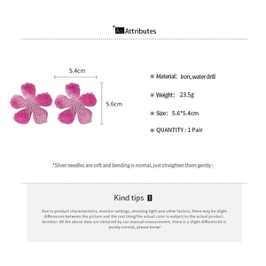 Detailed view of flower earrings showing dimensions and weight in iron and rhinestones