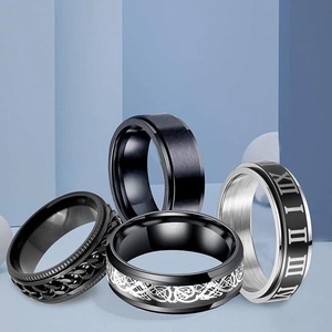 Men's titanium steel ring set including black chain and Roman numeral spinning bands