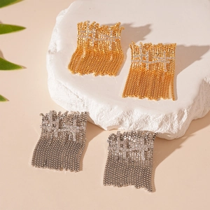 Cross zircon wide tassel earrings in gold and silver plating with rhinestone details