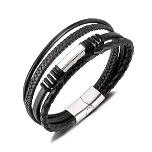 Multi-Layer Braided Synthetic Leather Bracelet For Men With Stainless Steel Magnetic Clasp Fashion Wristband