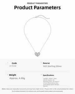 Detailed view of S925 sterling silver heart necklace with size specs and 5A zircon details