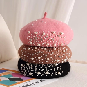 Elegant wool beret hats with pearls and rhinestones in pink, brown, and black colors
